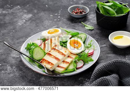 Healthy Ketogenic Paleo Meal, Grilled Halloumi With Lettuce, Radish, Cucumber, And Boiled Egg, Detox