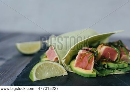Mexican Appetizer Poke Tacos With Fish, Mix Of Cultures, Regional Cuisine And National, Asian, Fusio