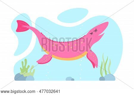 Cute Pink Dino. Kind Smiling Ichthyosaur Dinosaur Character. Cartoon Large Extinct Marine Ancient Re