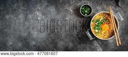 Korean Style Instant Noodles, Shin Ramyeon Or Ramyun With Egg, Scallion And Broth, Noodle Soup