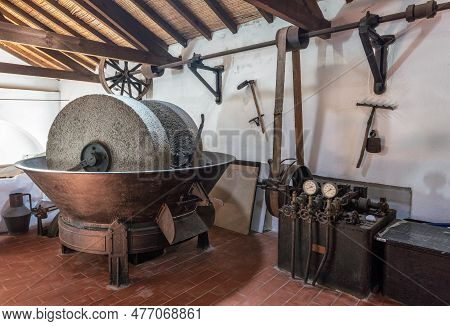 Olive Oil Press Is Installed In Premises Of The Ancient Equipment For Production Of Olive Oil, Stone
