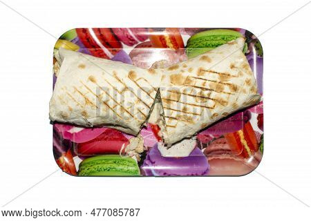 Shawarma In Lavash With Chicken And Vegetables.shawarma With Chicken Meat And Vegetables.shaverma Ba
