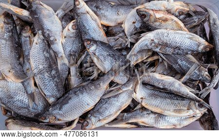 Lots Of Dried Fish. Salty, Dry River Fish In A Big Pile. View From The Top. Delicious Dried Fish Pei