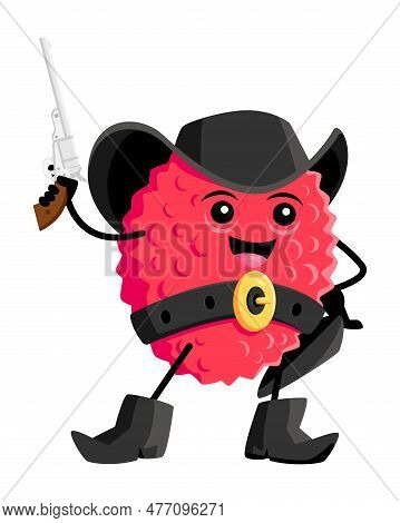 Cartoon Lychee Bandit Or Robber Character. Vector Cowboy, Ranger Or Bandit Tropical Fruit, Wild West
