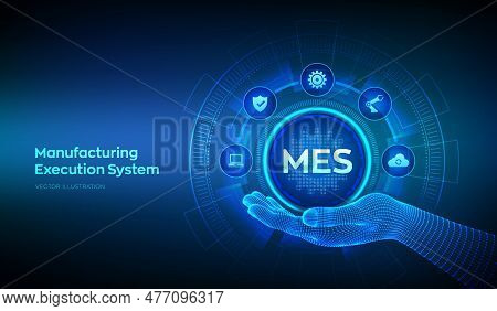 Mes Icon In Wireframe Hand. Manufacturing Execution System. Business Industrial Technology Concept O