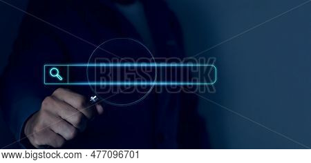 Businessman Hand Using Magnifying Glass Search On Virtual Screen Technology Search Information Searc