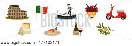 Italy Travel Elements With Colosseum, Gondola, Flag, Venetian Mask, Moped, Cheese, Pasta And Wine Ve