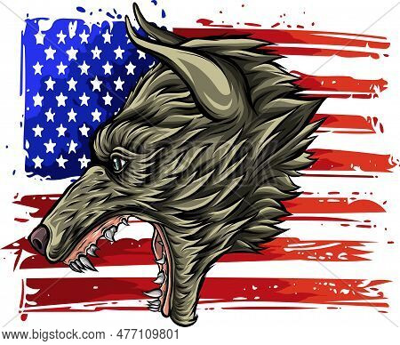 Vector Illustration Of Wolf Head With Amrican Flag