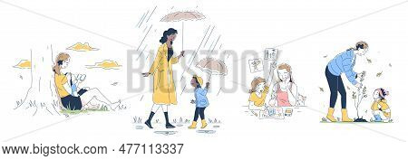 Mom And Daughter Spend Time Together. Parent And Child Reading Book, Walk In Rain, Plant And Draw. M