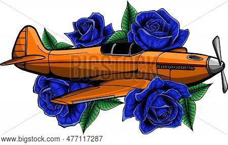 Vector Illustration Of A Fighter Spitfire With Roses