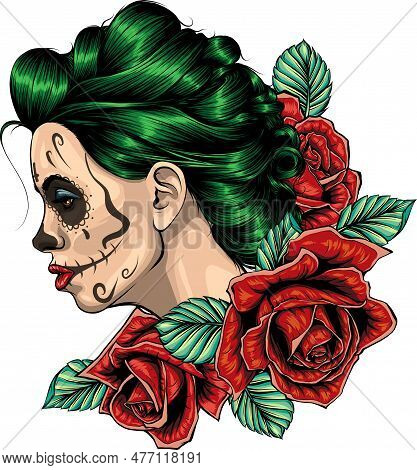 Sugar Skull Girl With Floral Ornament And Flower