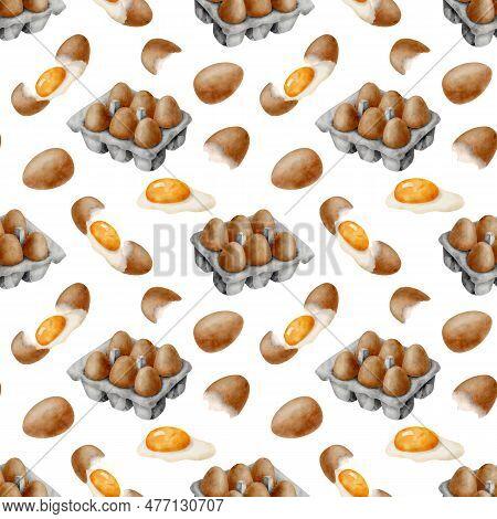 Watercolor Eggs Seamless Pattern. Hand Drawn Package With Fresh Brown Eggs, Yolk And Glair Isolated 
