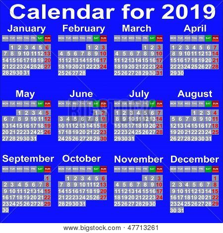 2019 年のカレンダー。