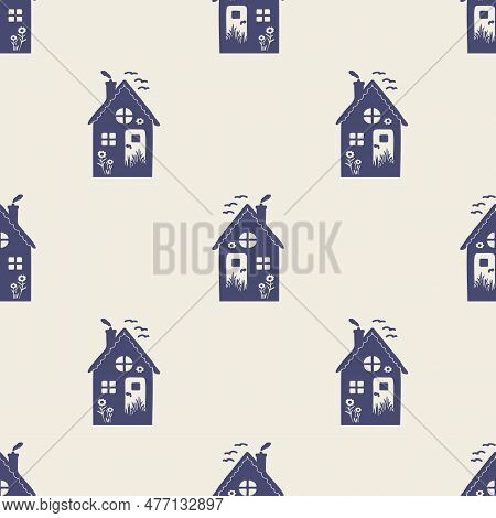 Masculine Block Print House Vector Pattern. Seamless Sketchy City Street Organic Style For Rustic Ti