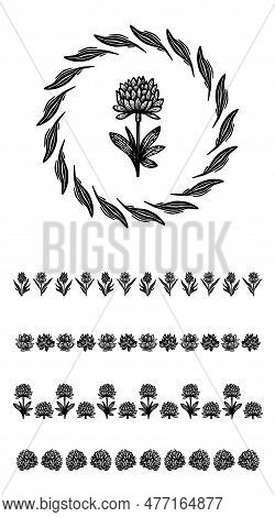 Set Of Floral Vector Borders With Flower Motif In Scandi Wreath. Organic Folk Art Logo Group In Deco