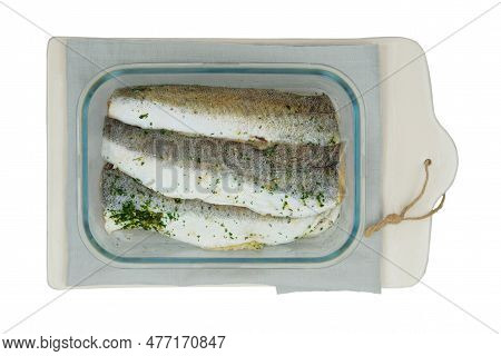 Marinated Hake On A Ceramic Board Isolated On White Background. Ready To Cooking. Hake Filet. Top Vi