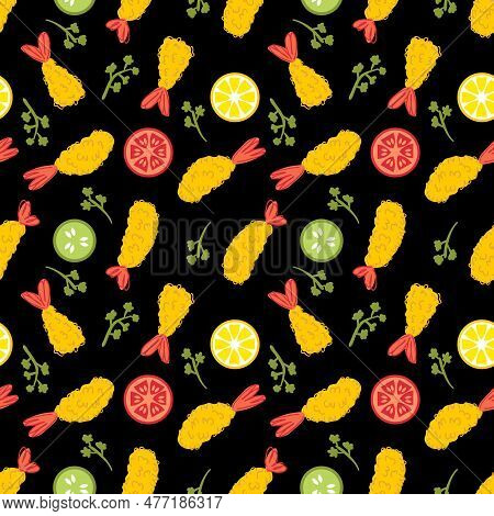 Ebi Furai Seamless Pattern With Shrimp Tempura And Vegetables. Perfect Print For T-shirt, Paper, Tex