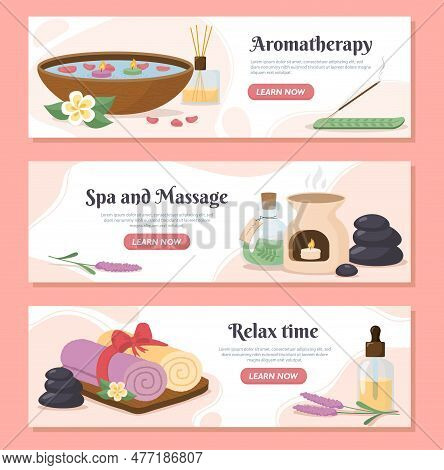 Spa Banners Set. Aromatherapy And Relaxation, Care For Skin Health. Warm Water With Plants And Woode