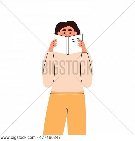 Young Woman Reading A Book And Hiding Her Face Behind The Book. Vector Flat Illustration Isolated On