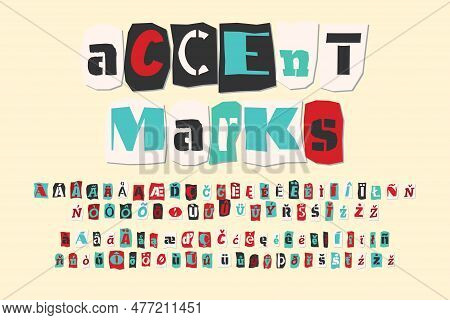 Color Ransom Collage Style Letters Accent Marks Cut From Newspapers And Magazines. Vintage Abc Colle