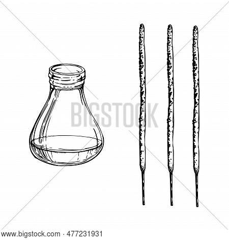 Hand Drawn Vector Ink Spa Aromatherapy Glass Bottle And Diffusor With Incense Sticks. Isolated Objec