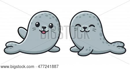 Two Cute Cartoon Seals Drawing, Kawaii Vector Illustration. Grey Spotted Harbor Seal Waving Hello.