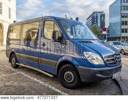Copenhagen, Denmark - Oct 20, 2018: Police Van Parked Outside The Copenhagen Police Lost And Found S