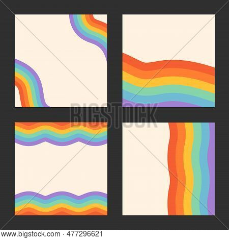 Vector Set Of Retro Backgrounds With Rainbow Colored Stripes And Copy Space. Abstract Groovy Banners