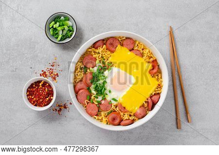 Ramen Noodles With Sausages, Egg, Melted Cheese And Scallion, Microwave Shin Ramyeon Or Ramyun,korea