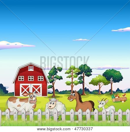 Illustration af dyr inde i hegnet med en barnhouse på bagsiden