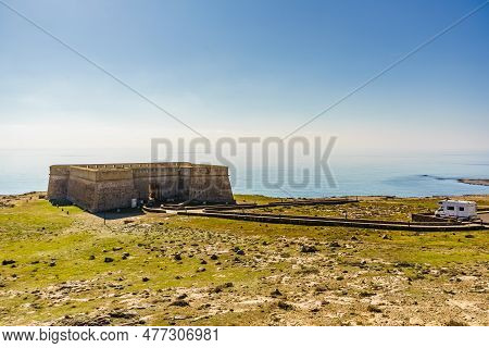 Seaside Landscape With Caravan Visitng Coastal Fortification, Castle Guardias Viejas, Almer