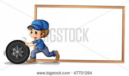 ภาพของเด็กในการผลักดันล้อ blankboard ว่างเปล่าที่ด้านหลังบนพื้นหลังสีขาว