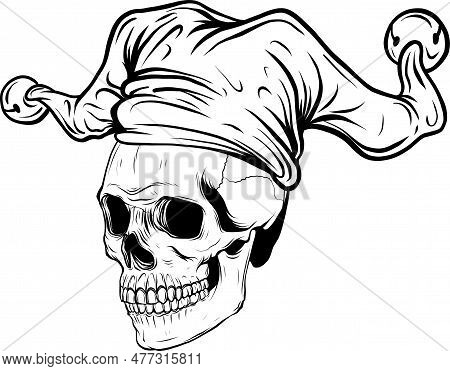Skull In Jester Hat. Monochrome Vector Illustration