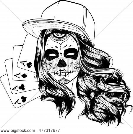 Monochrome Poker Cards With Girk Makeup Skull, Vector Illustration
