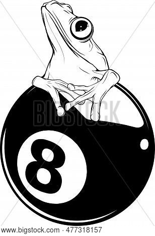 Vector Illustration Of Monochrome Frog On 8 Ball Billards Pool Game Black