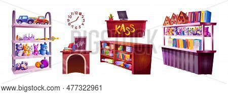 Vector Toy Store Shelf Game Vector Illustration. Shop Cartoon Wooden Counter Table And Supermarket R