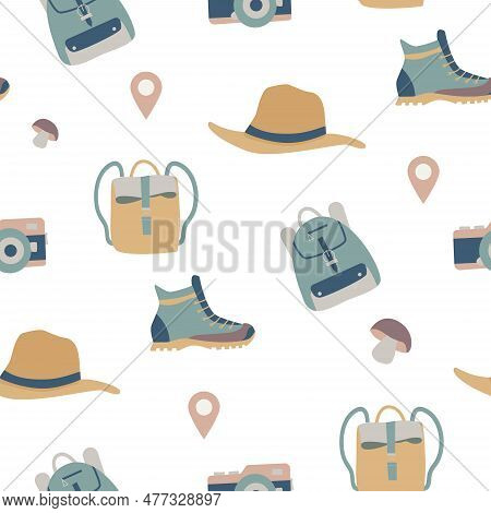 Hiking And Camping Seamless Pattern With Travel Elements. Seamless Pattern For Design, Posters, Back