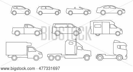 Cars And Trucks Model Line Icons Set. Own Passenger Transport, Car For Delivery And Logistic Truck. 