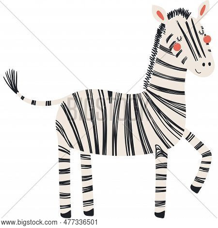 Cute Funny Zebra With One Leg Up Cartoon Character Illustration. Hand Drawn Scandinavian Style Flat 