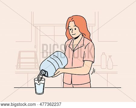 Smiling Woman Pouring Water From Bottle At Home Kitchen. Happy Girl Drinking Clean Bottled Aqua Feel