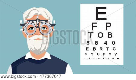 Elderly Man Having An Eye Consultation At The Optometrist Vector Cartoon