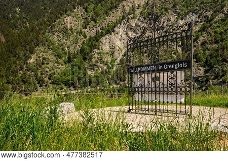 Grengiols, Valais Canton, Switzerland - 27 May 2023: Welcome To Grengiols Panel Sign. Welcome Messag