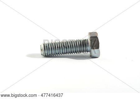 Metal Hex Head Bolt Close-up On White Background. Bolts On A White Background