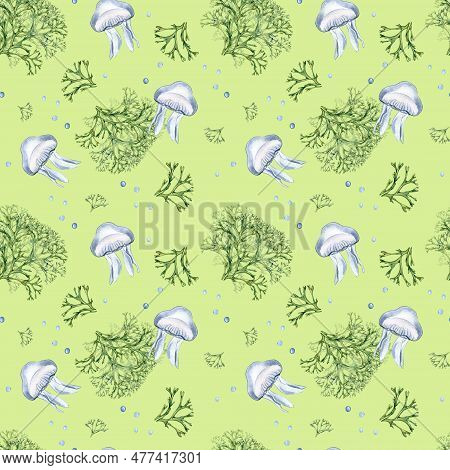 Seamless Pattern Of Green Sea Plant And Jellyfish Watercolor Illustration Isolated On Green Backgrou