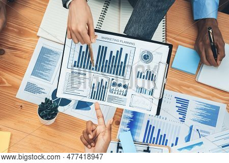 Flat Top View Workspace Wooden Table With Analyst Team Use Bi Dashboard Papers Data For Planning Bus