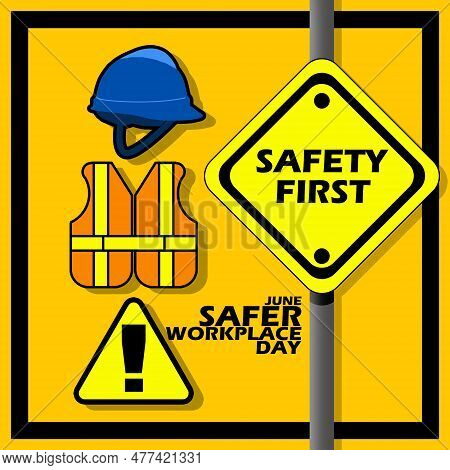 A Protective Helmet With Protective Jacket, Sign Board, Warning Pole And Bold Text In Frame On Orang