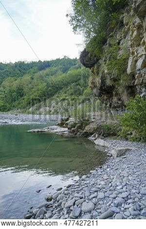 Waterfall Across River Enza In The Apennines Mountains In Parma, Emilia Romagna, Italy.  Travel, Nat