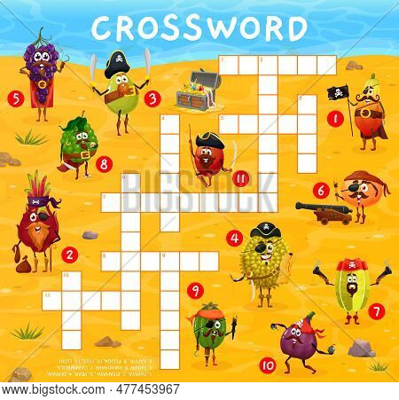 Crossword Quiz Game Grid Cartoon Fruit Pirate And Corsair Characters. Vector Find A Word Riddle Work