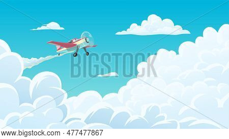Flying Airplane Through White Clouds Blue Sky