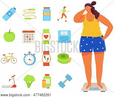 Young Woman Stands On Scales And Weights. Person Uses Equipment, Device To Measure Kilograms. Calori